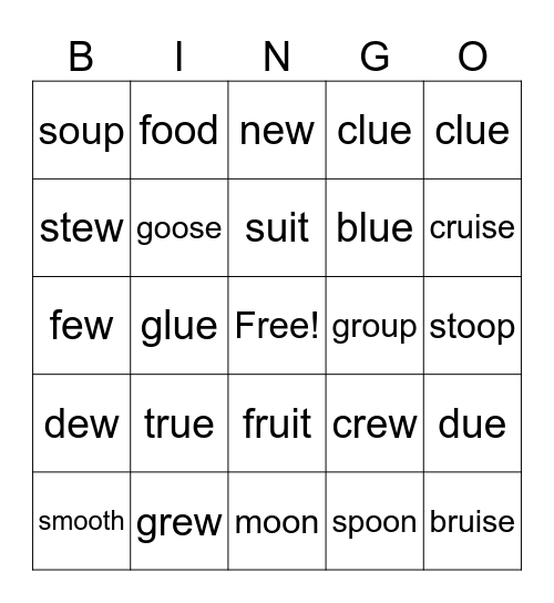 oo, ew, ue, ui, ou   1st Grade Bingo Card