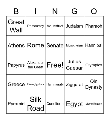 Ancient Civilizations Bingo Card