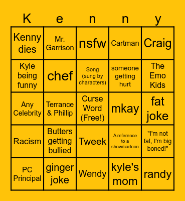 South Park Bingo Card