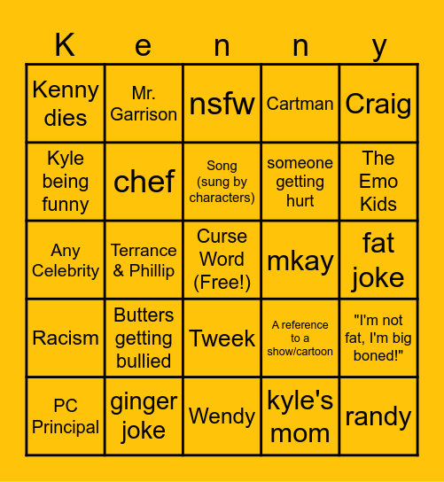 South Park Bingo Card