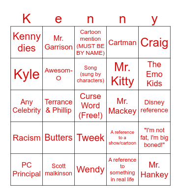 South Park Bingo Card