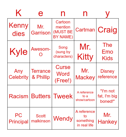 South Park Bingo Card