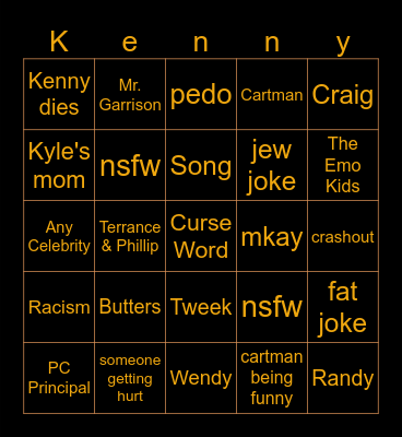 South Park Bingo Card