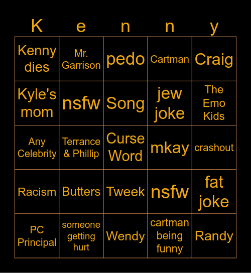 South Park Bingo Card