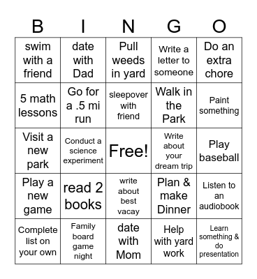 End of Summer Bingo Card