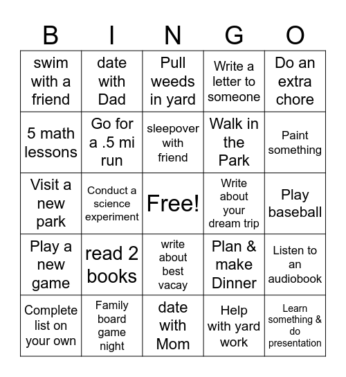 End of Summer Bingo Card