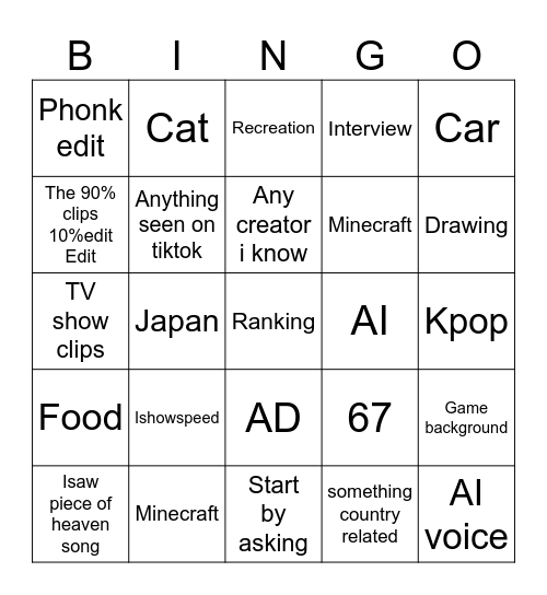 YouTube shorts bingo Card