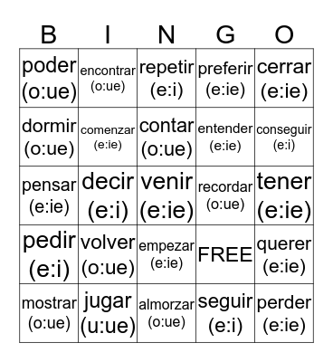 Spanish Verbs Bingo Card