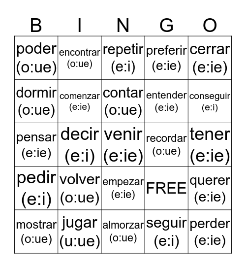 Spanish Verbs Bingo Card