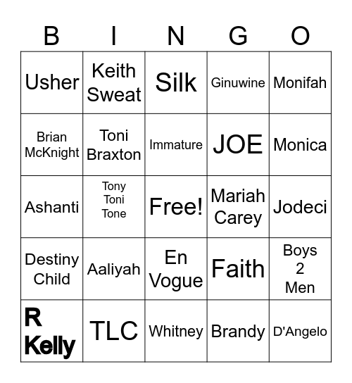 R&B BINGO  90's Artist Only Bingo Card