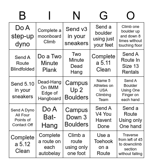 Climbing Team Bingo Card