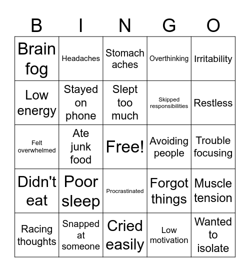 STRESS SIGNALS Bingo Card