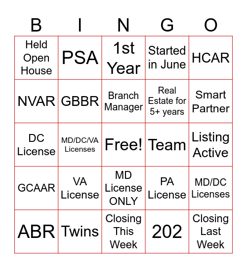 DMV Real Estate Networking Bingo Card