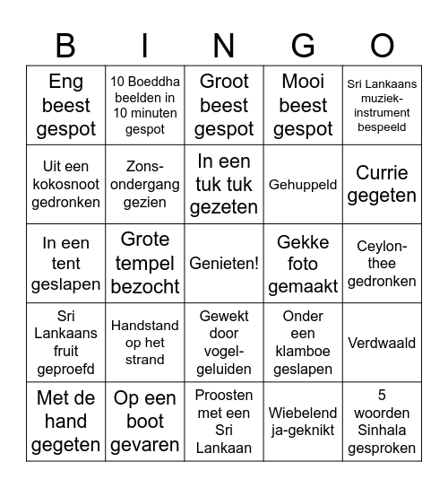 Sri Lanka BINGO Card