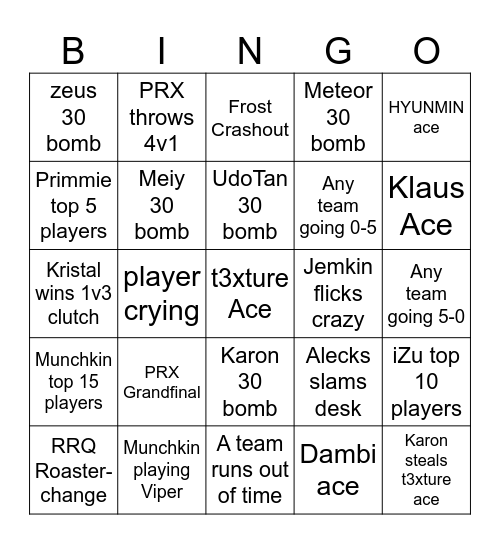 VCT Pacific Stage 2 Bingo Card