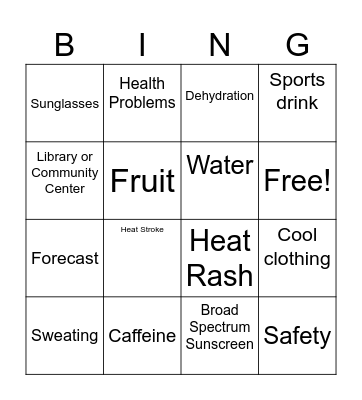 Heat Safety Bingo Card
