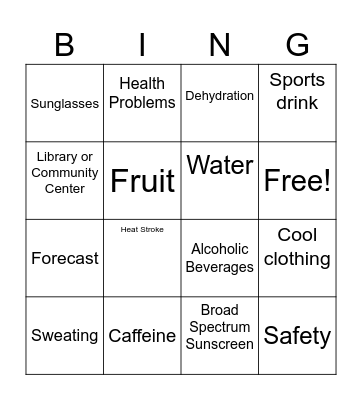 Heat Safety Bingo Card