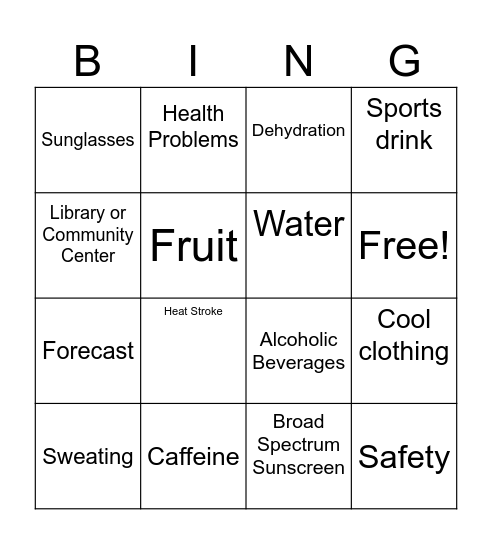 Heat Safety Bingo Card