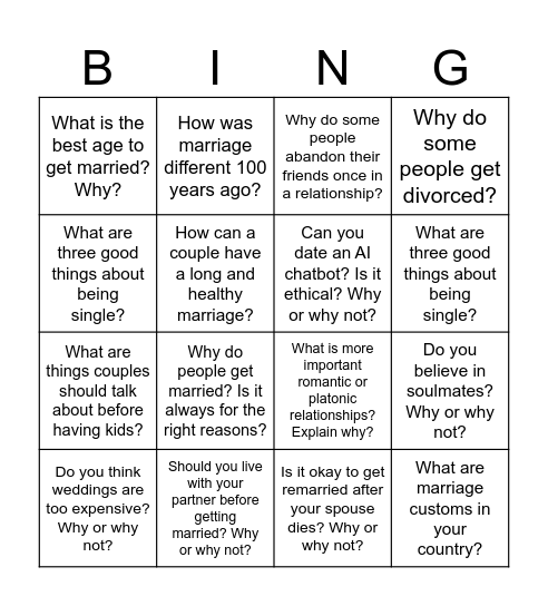 B2.2 Relationships Bingo Card