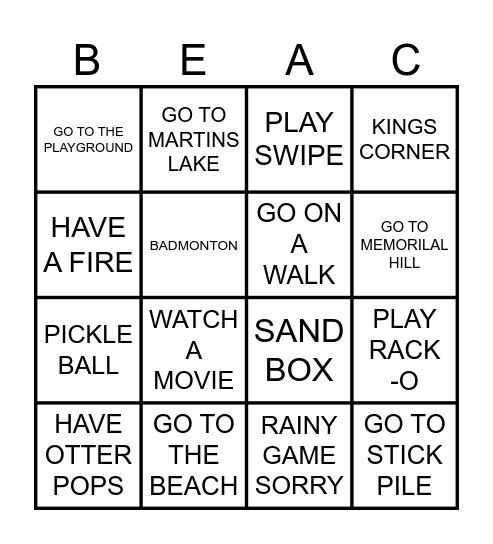 TODO AT THE LAKE Bingo Card