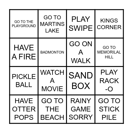 TODO AT THE LAKE Bingo Card