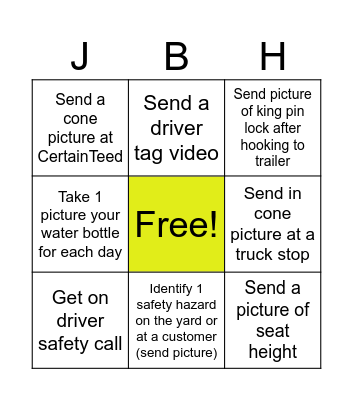 JB Hunt Safety Bingo Card