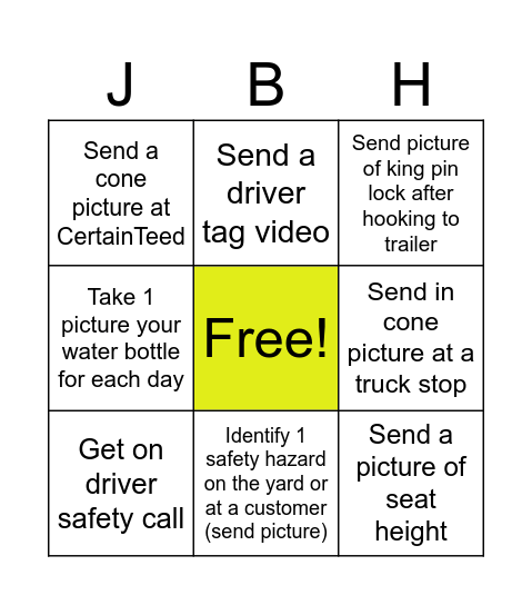 JB Hunt Safety Bingo Card