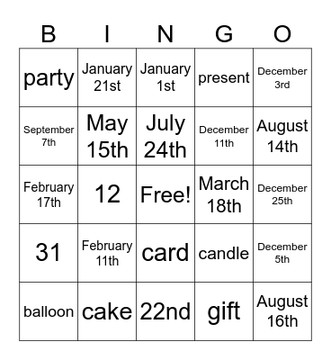 CELEBRATIONS & BIRTHDAYS Bingo Card