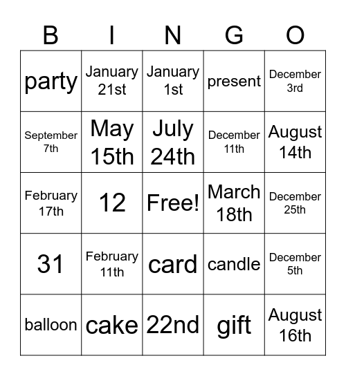 CELEBRATIONS & BIRTHDAYS Bingo Card