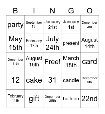 CELEBRATIONS & BIRTHDAYS Bingo Card