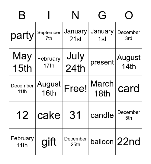 CELEBRATIONS & BIRTHDAYS Bingo Card