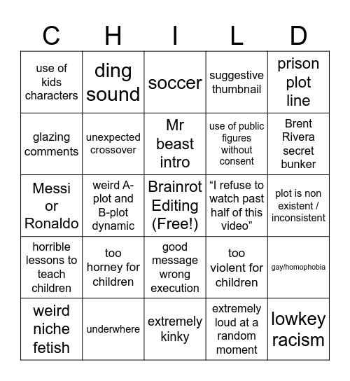 Children's Youtube Bingo Card