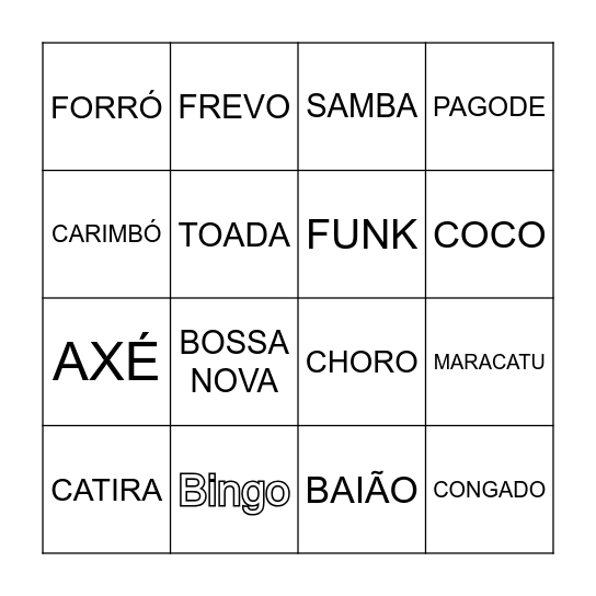 Ritmos Brasileiros Bingo Card