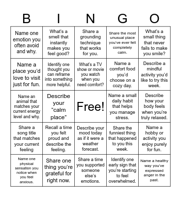 Managing Emotions Bingo Card