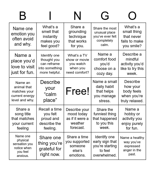 Managing Emotions Bingo Card