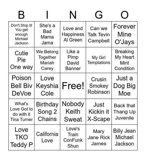 Hip Hop and R&B Bingo Card