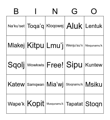 MI'KMAW LANGUAGE BINGO Card
