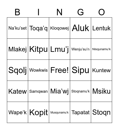 MI'KMAW LANGUAGE BINGO Card