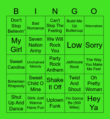 Most Recognizable Songs No 1 Bingo Card