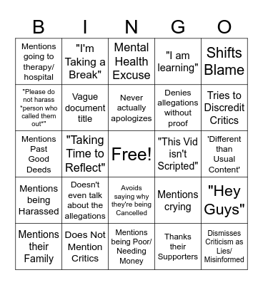 Youtuber Apology Bingo Card