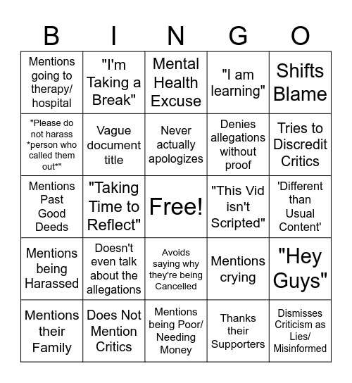 Youtuber Apology Bingo Card