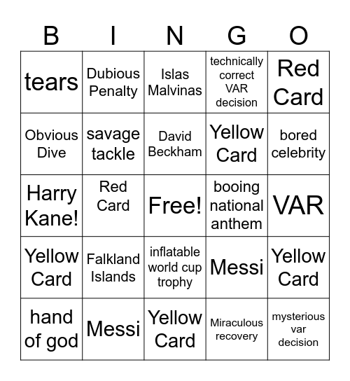 Argentina vs England Bingo Card