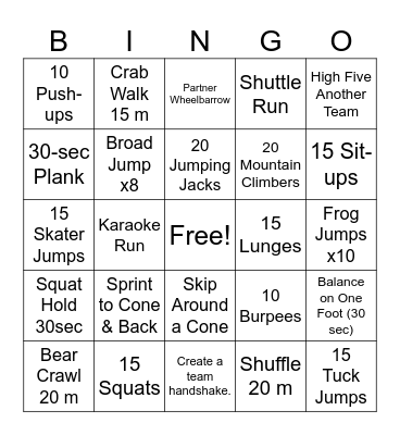 Fitness Bingo Card