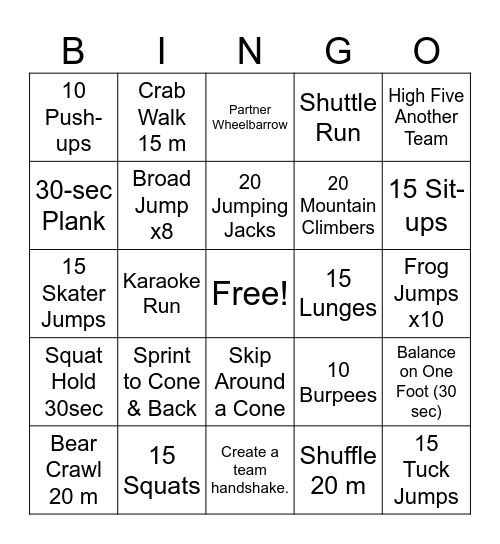 Fitness Bingo Card
