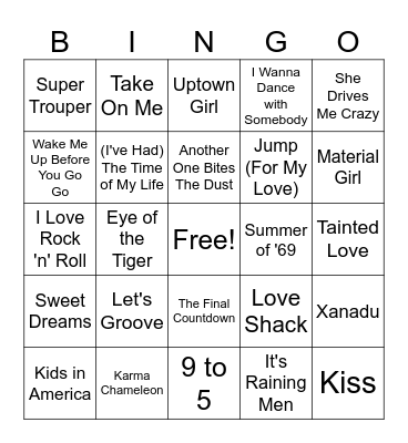 80's Hits (set 1) Bingo Card