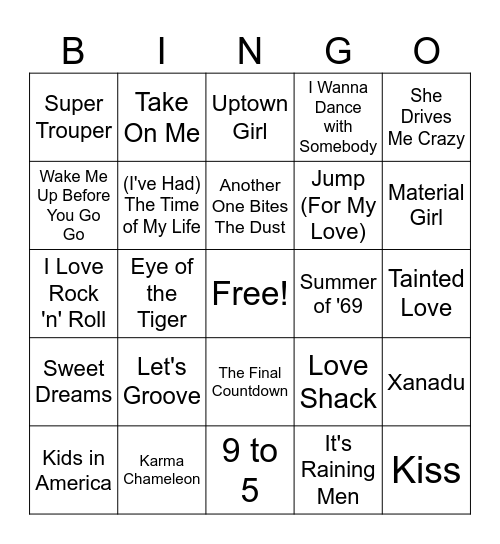 80's Hits (set 1) Bingo Card