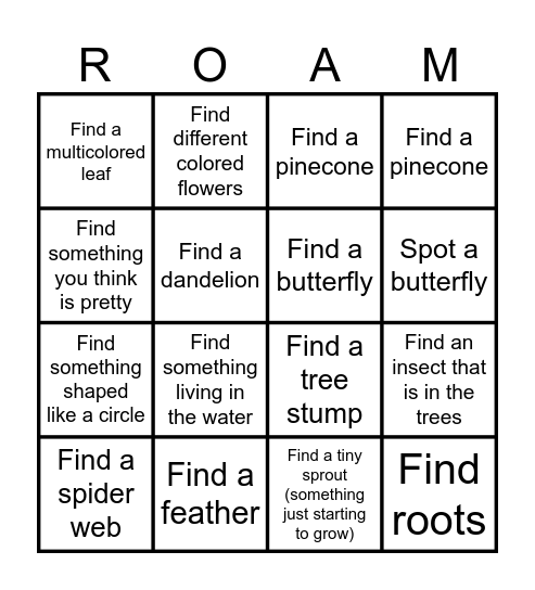 Nature Walk Bingo Card
