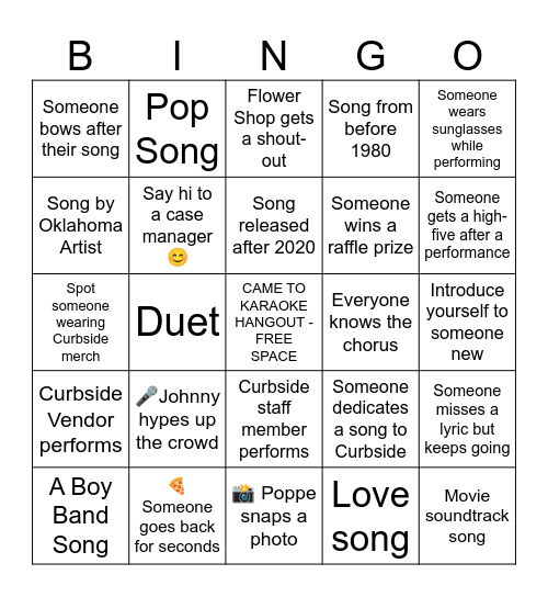 Curbside Karaoke Bingo Card