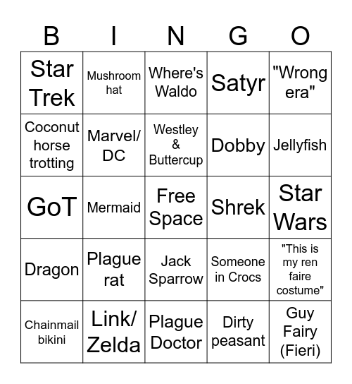 Renaissance Faire Bingo Card