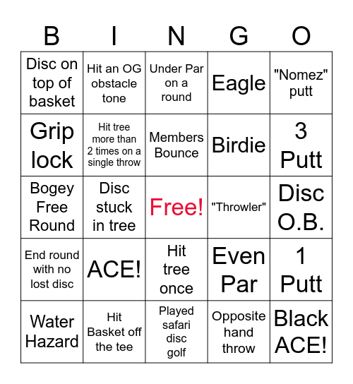 Disc Golf Bingo Card